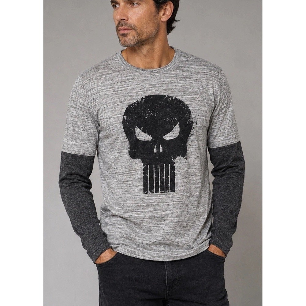 Marvel The Punisher Men's Long Sleeve T-Shirt Two-Toned Gray Size Extra Large